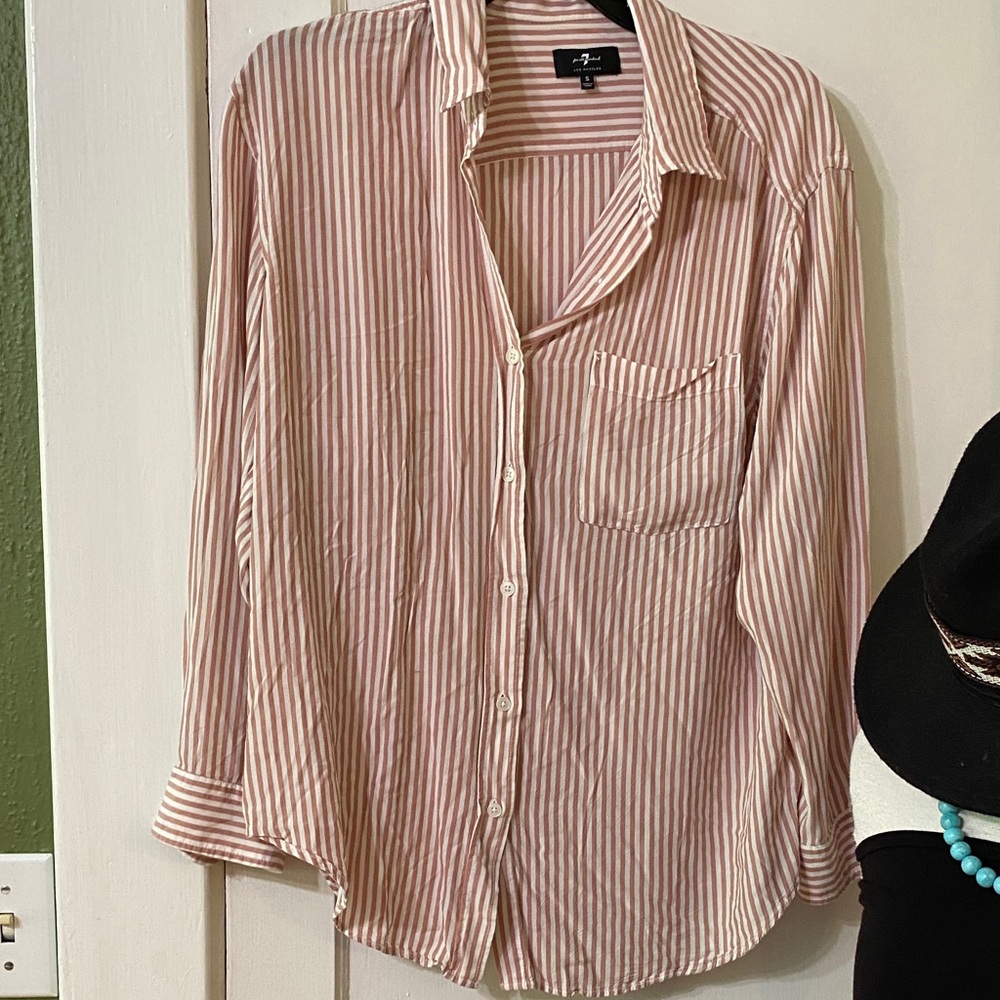 7 For All Mankind Pink and White Striped Button-Down Shirt